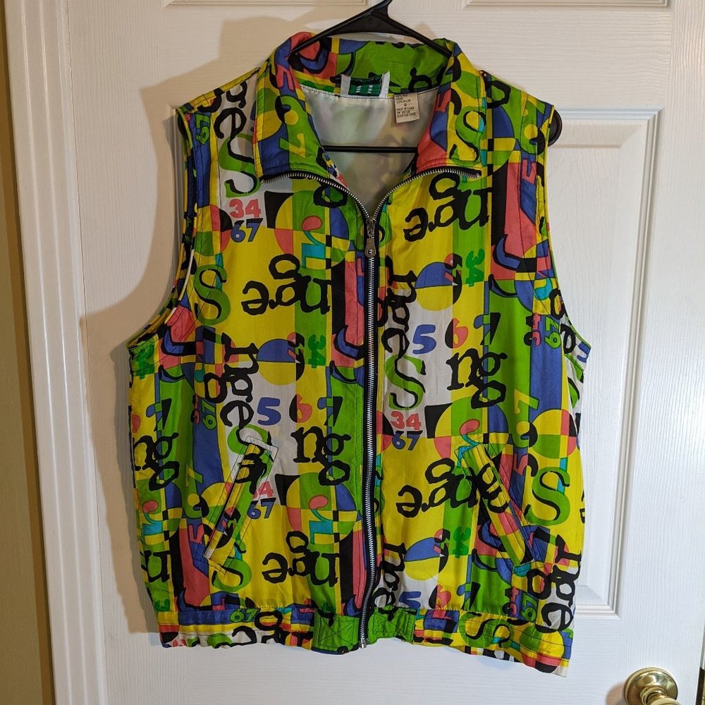EVR Silk Vintage Vest Jacket w/Abstract Colorful Print from the 1990's - size S